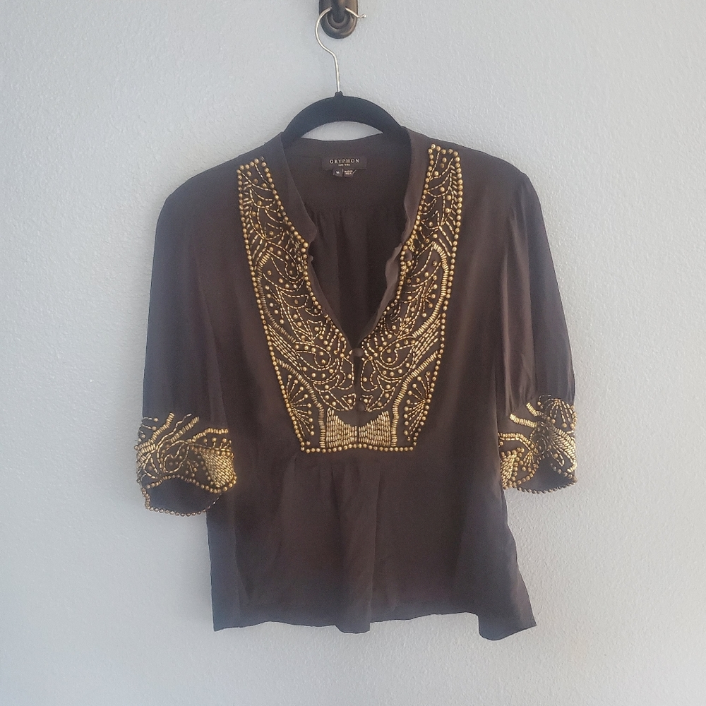 Vintage Gryphon New York - Dark Blue Metal Beaded Top.
